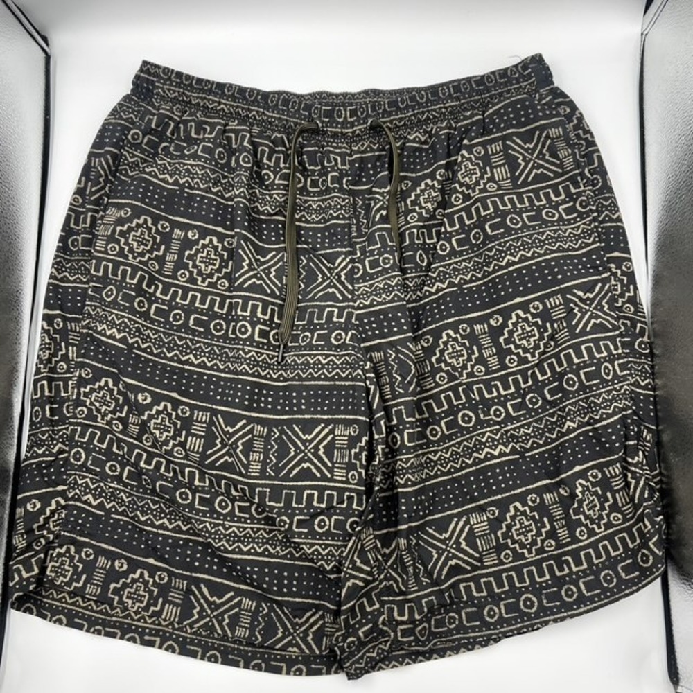 SAXX Men's Large Cannonball 2N1 Long Black Tribal Geometric Swim Shorts